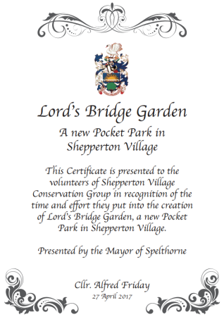 Lord's Bridge Garden Naming Certificate